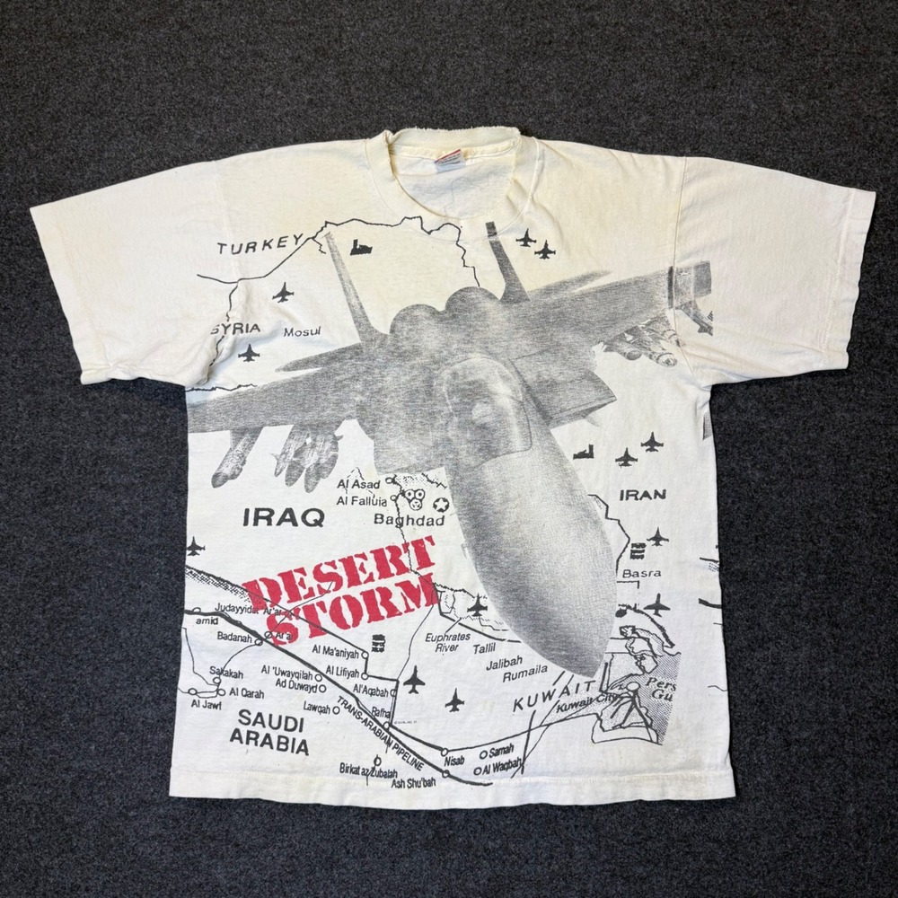 Vintage 90s Fruit of the Loom Desert Storm T-Shirt Mens L White All Over Print